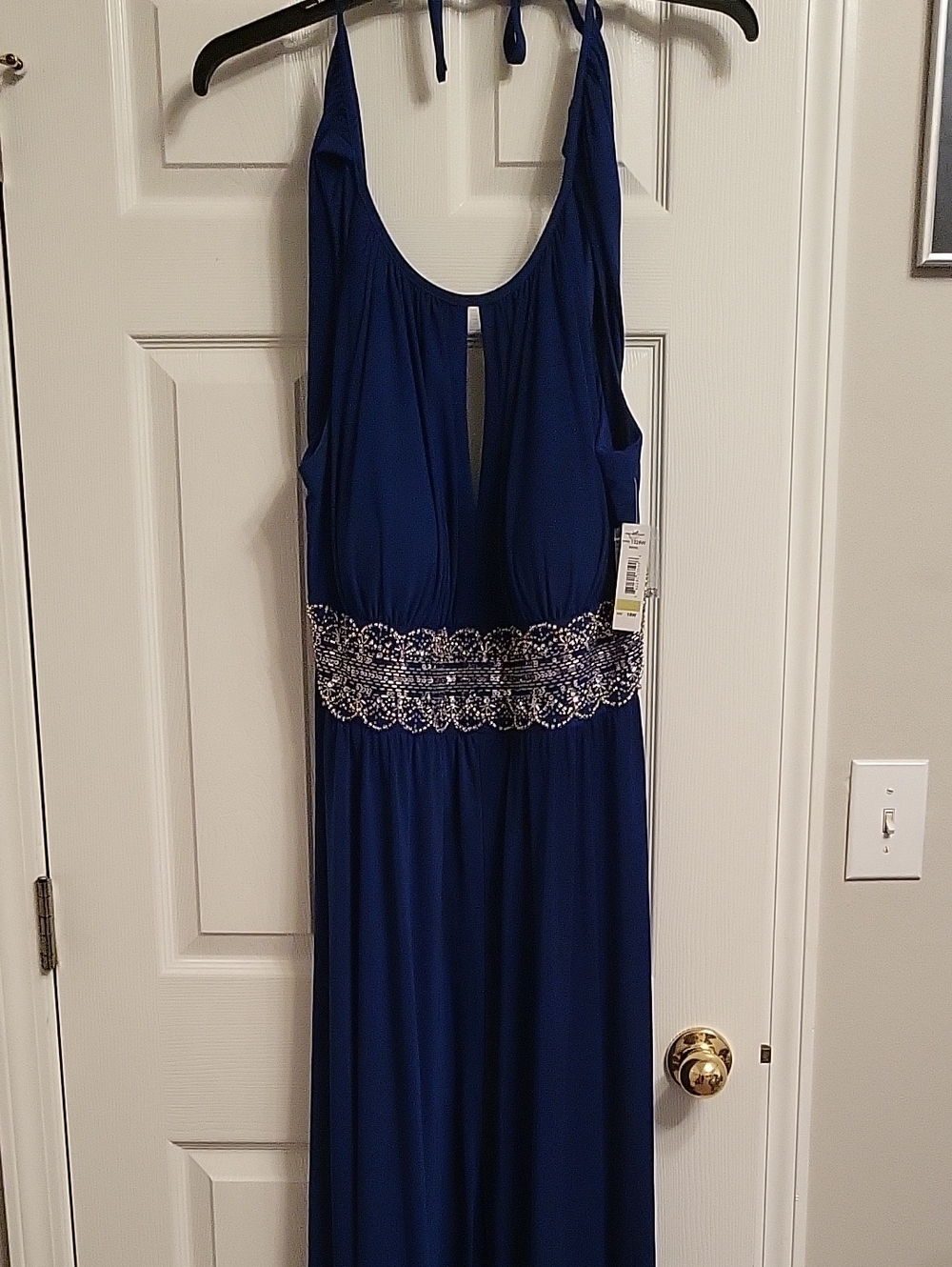 Elegant Royal Blue Beaded Waist Halter Evening Dress